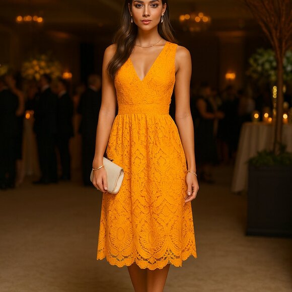 Gianni Bini Sleeveless V-Neck Stunning Debi Yellow Gold Lace Midi Dress - Picture 1 of 7